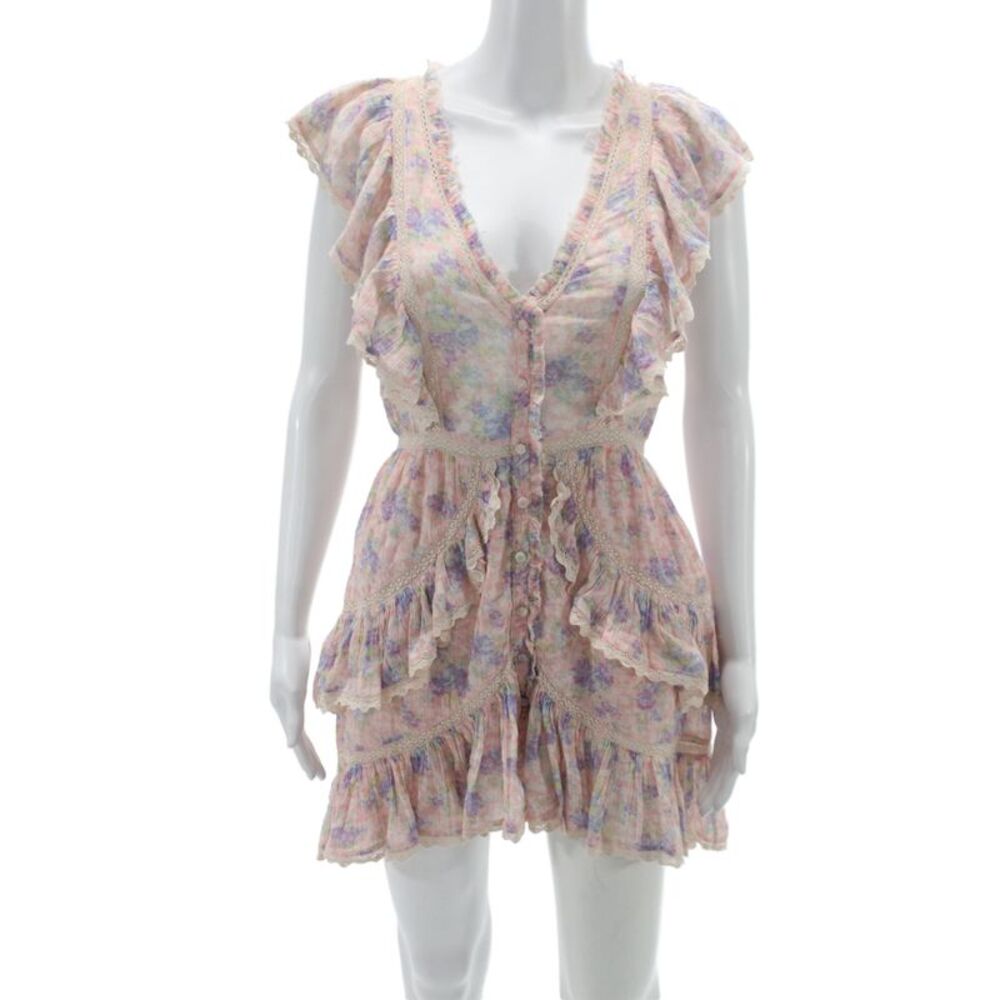 Love Shack Fancy Women Mini Floral Cotton V-Neck Short Sleeve Dress Size PP